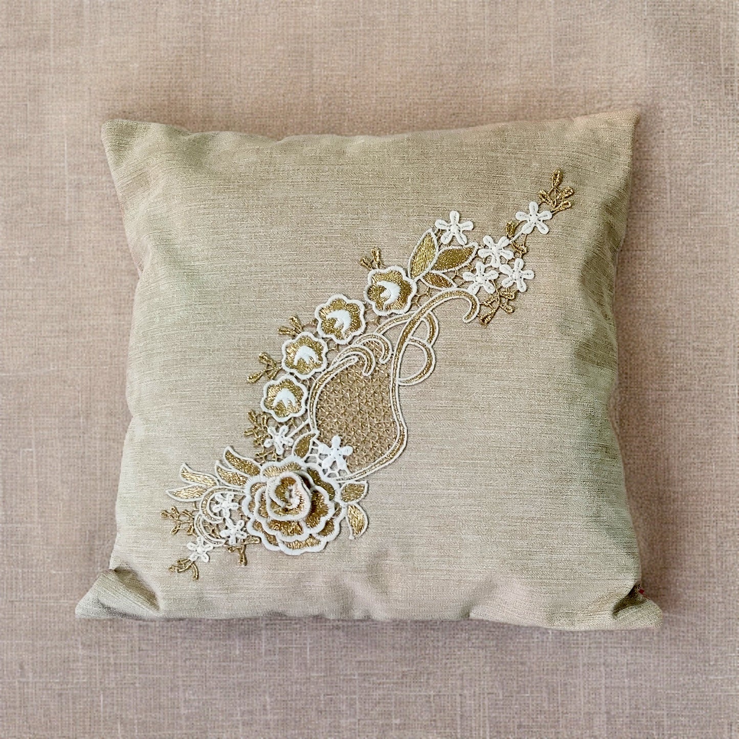 Beige Traditional Embroidered Patch Cushion Cover