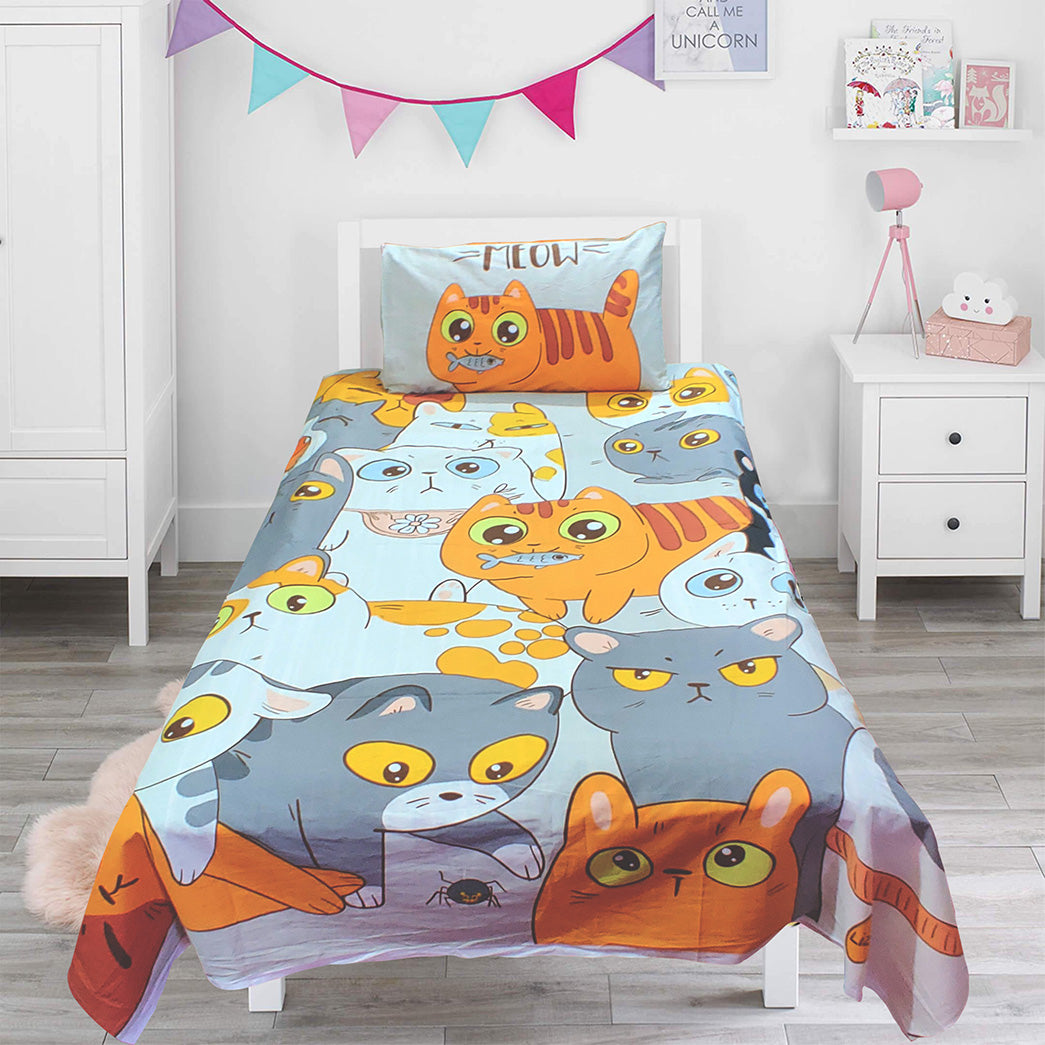 Cute Kitten Meow Print Cotton Bed Sheet Set