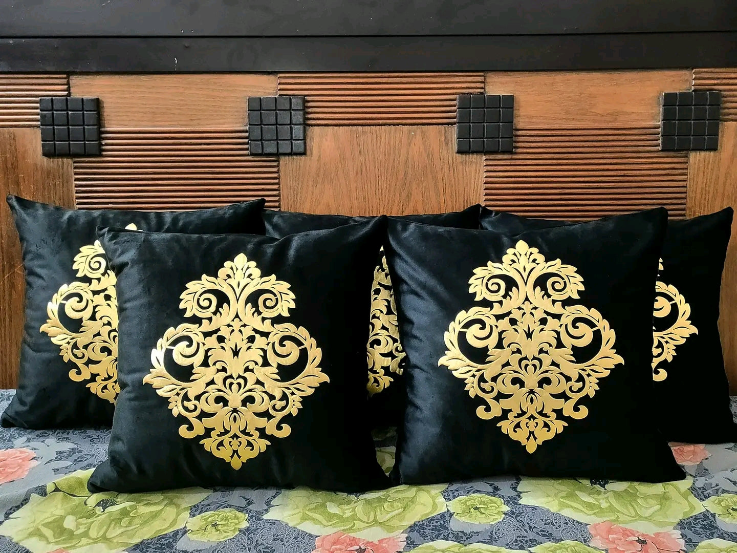 Black Plush Velvet Laser Motif Sofa Cushions (Set of 5)
