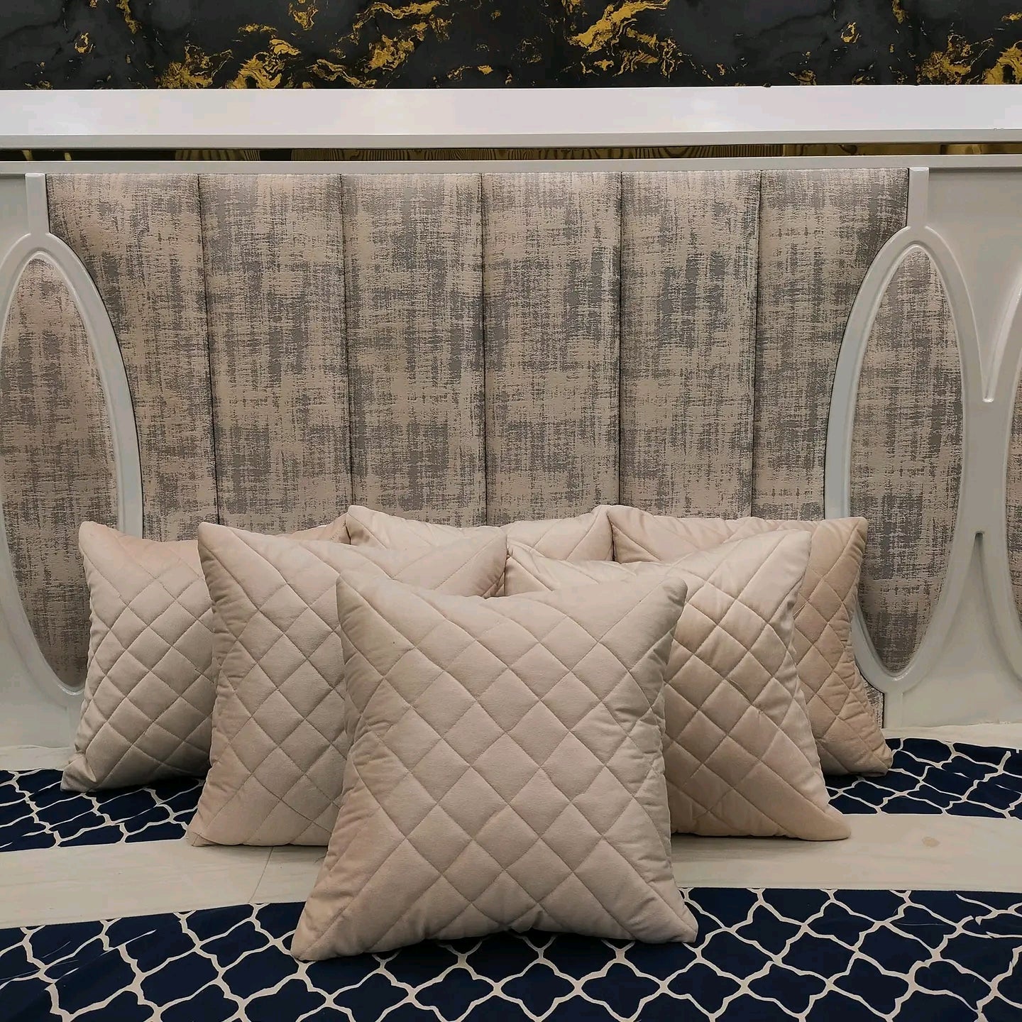 Cream Soft Plush Quilted Velvet Sofa Cushion Cover