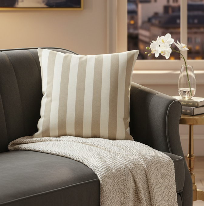 Beige & White Cabana Stripe Duck Cotton Cushion Cover