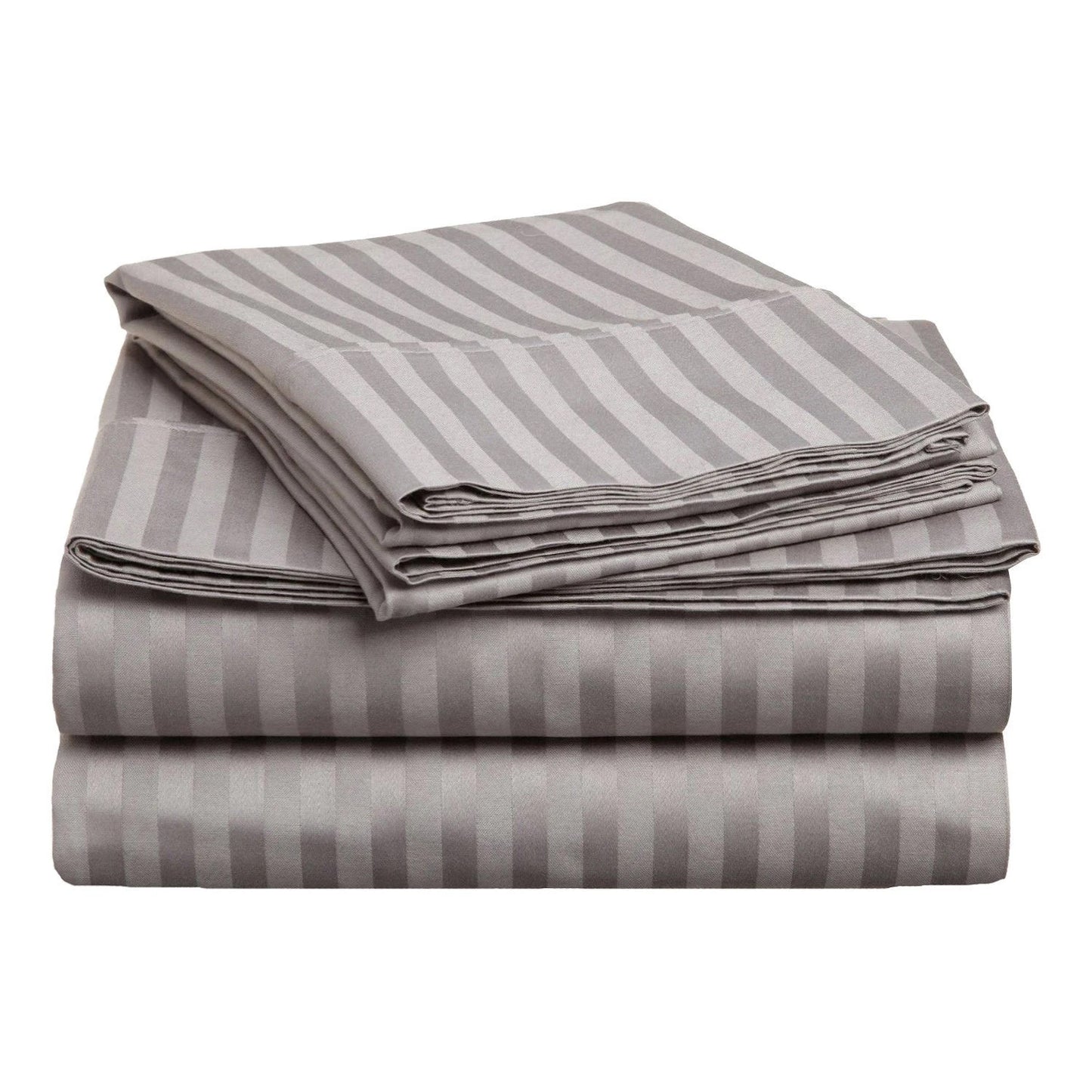 Cotton Satin Grey Stripe King Size Flat Bed Sheet Set