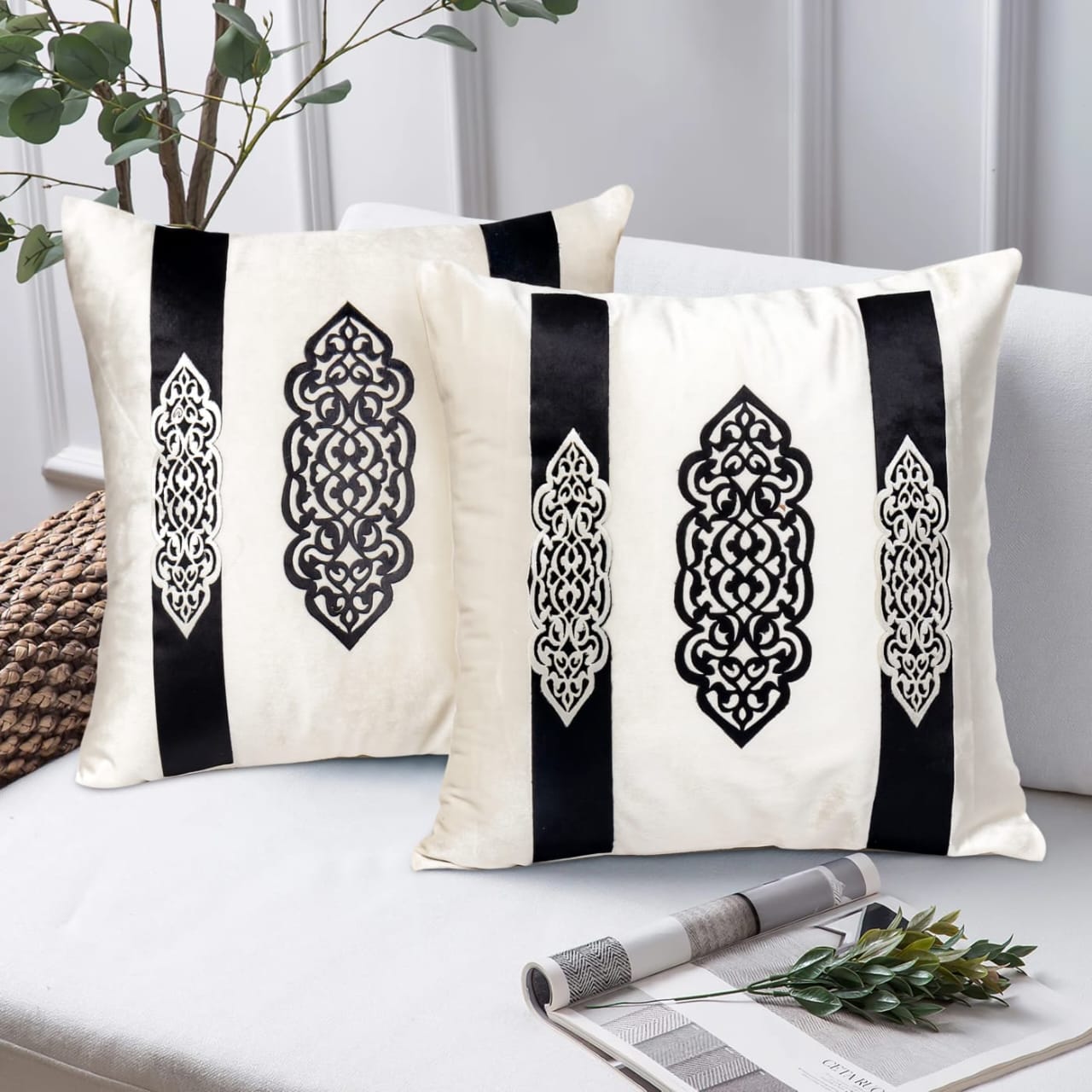 Elegant Design Motif Patch Velvet Cushion Cover