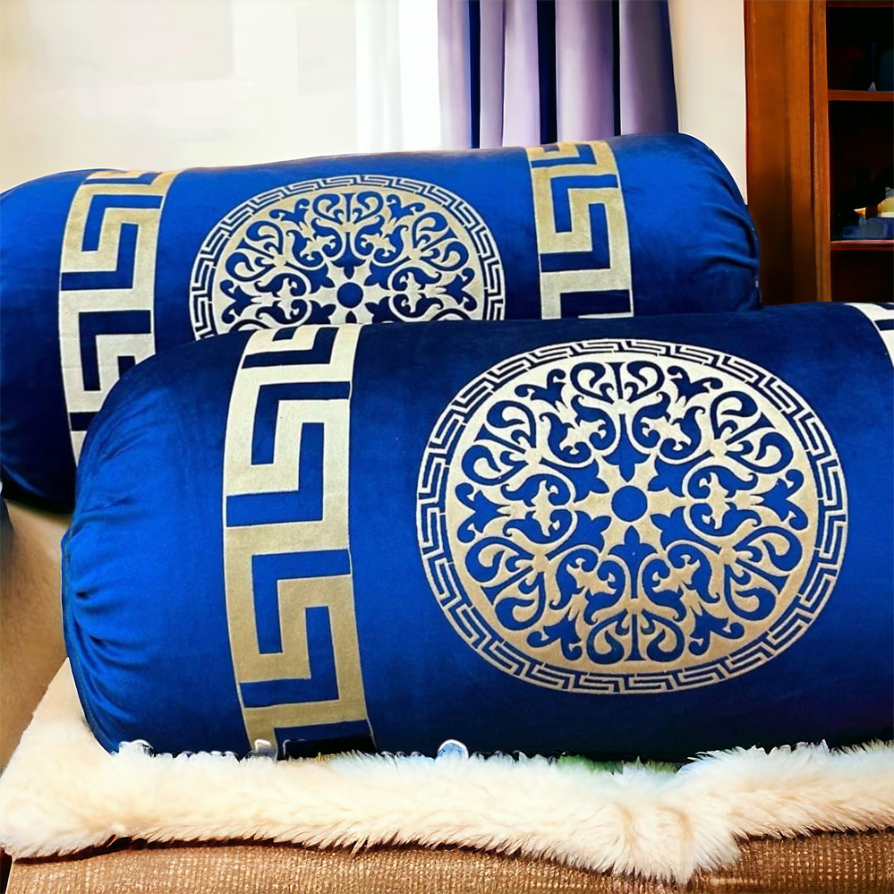 Blue Velvet Round Pillow Cover Bolster Case - Pack of 2