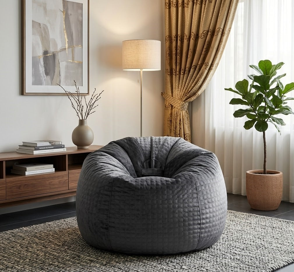 Elegant Grey Velvet Quilted Bean Bag for Adults