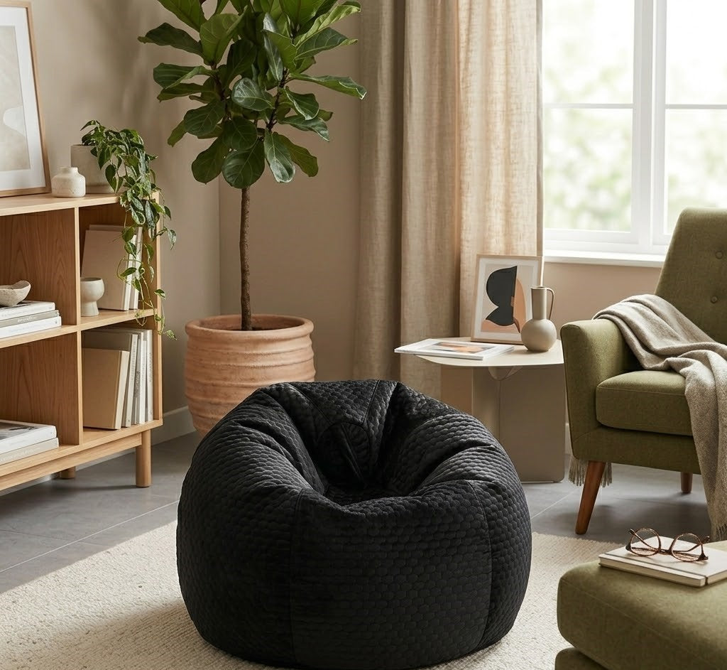 Elegant Black Velvet Quilted Bean Bag for Adults