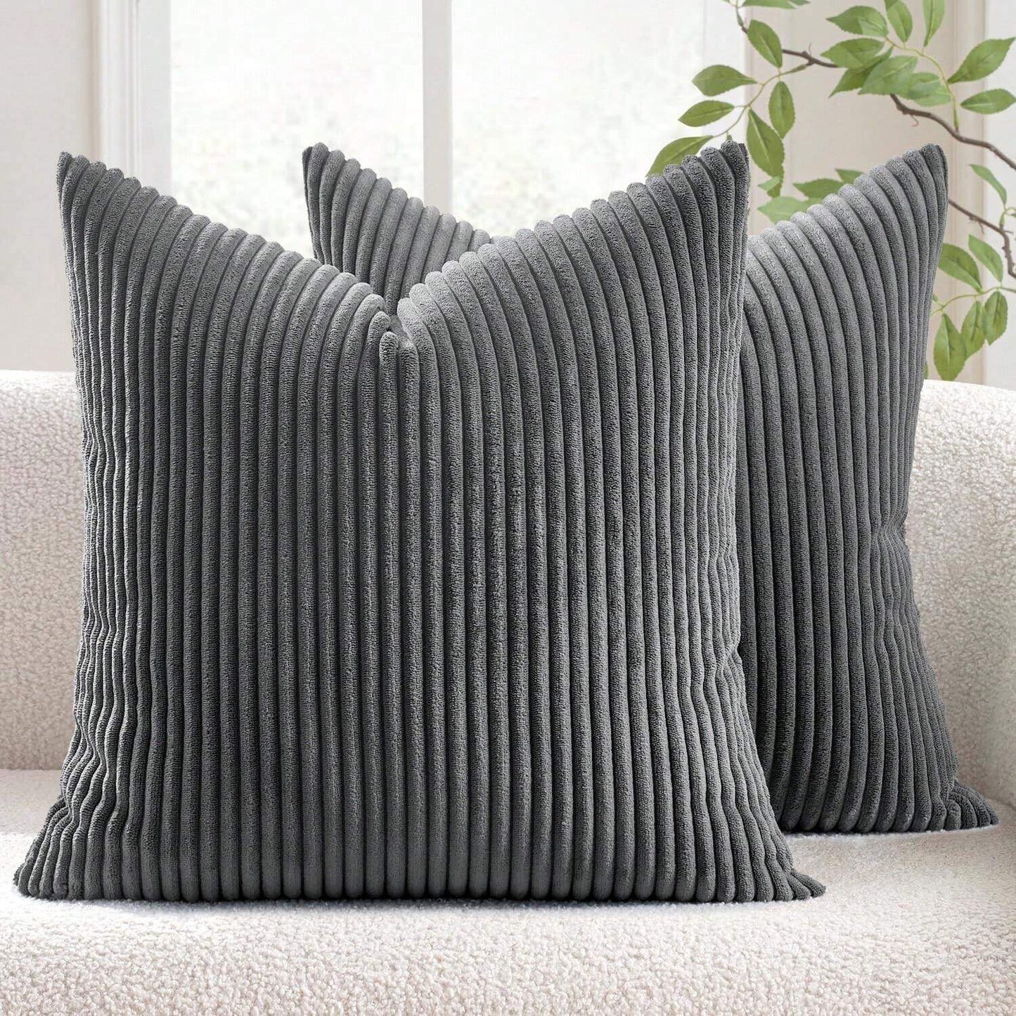 Set of 2 Dark Grey Corduroy Striped Velvet Cushion Covers for Sofa & Living Room