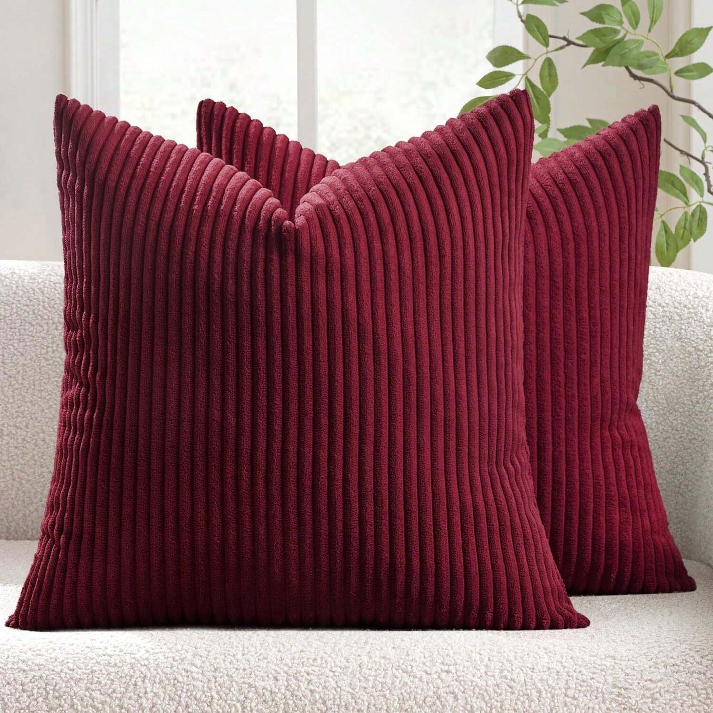 Set of 2 Maroon Corduroy Striped Velvet Cushion Covers for Sofa & Living Room