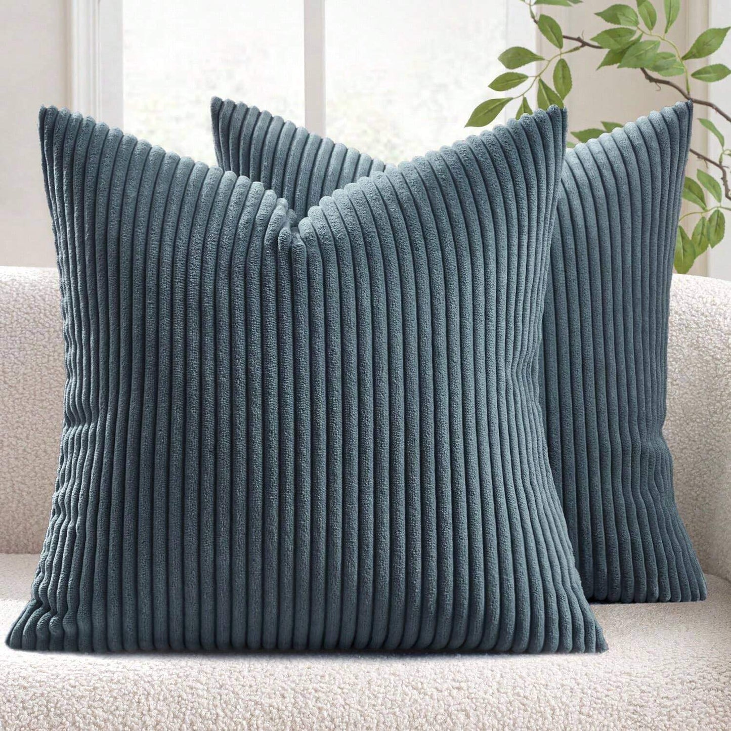 Set of 2 Teal Grey Corduroy Striped Velvet Cushion Covers for Sofa & Living Room