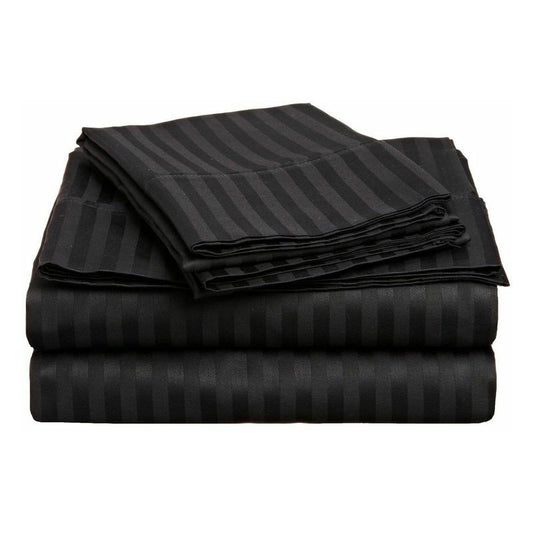 Cotton Satin Black Stripe King Size Flat Bed Sheet Set