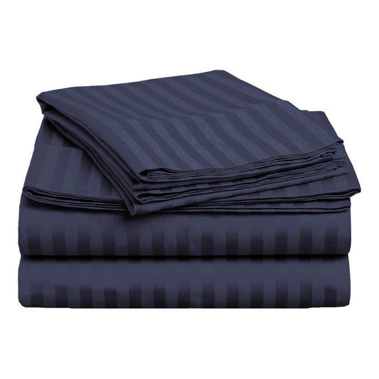 Navy Blue Cotton Satin Stripe King Size Flat Bed Sheet Set
