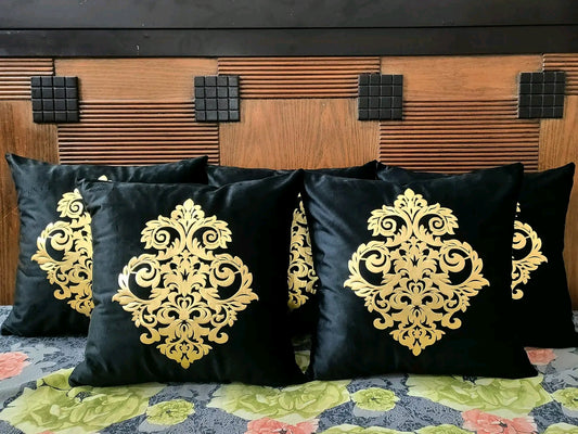 Black Plush Velvet Laser Motif Sofa Cushions (Set of 5)