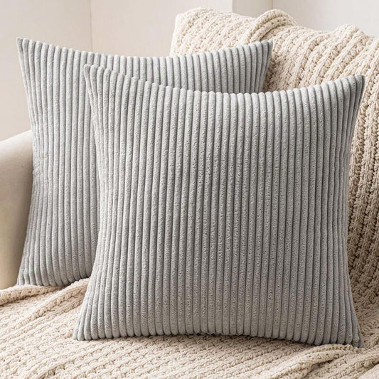 Set of 2 Light Grey Corduroy Striped Velvet Cushion Covers for Sofa & Living Room