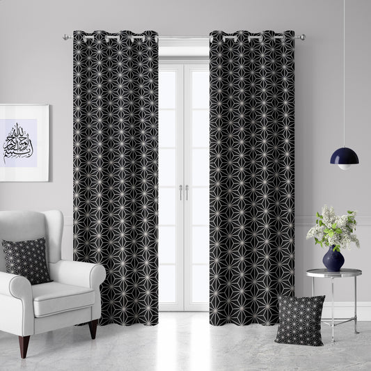 Black White Printed Star Cotton Duck Curtains - Pair