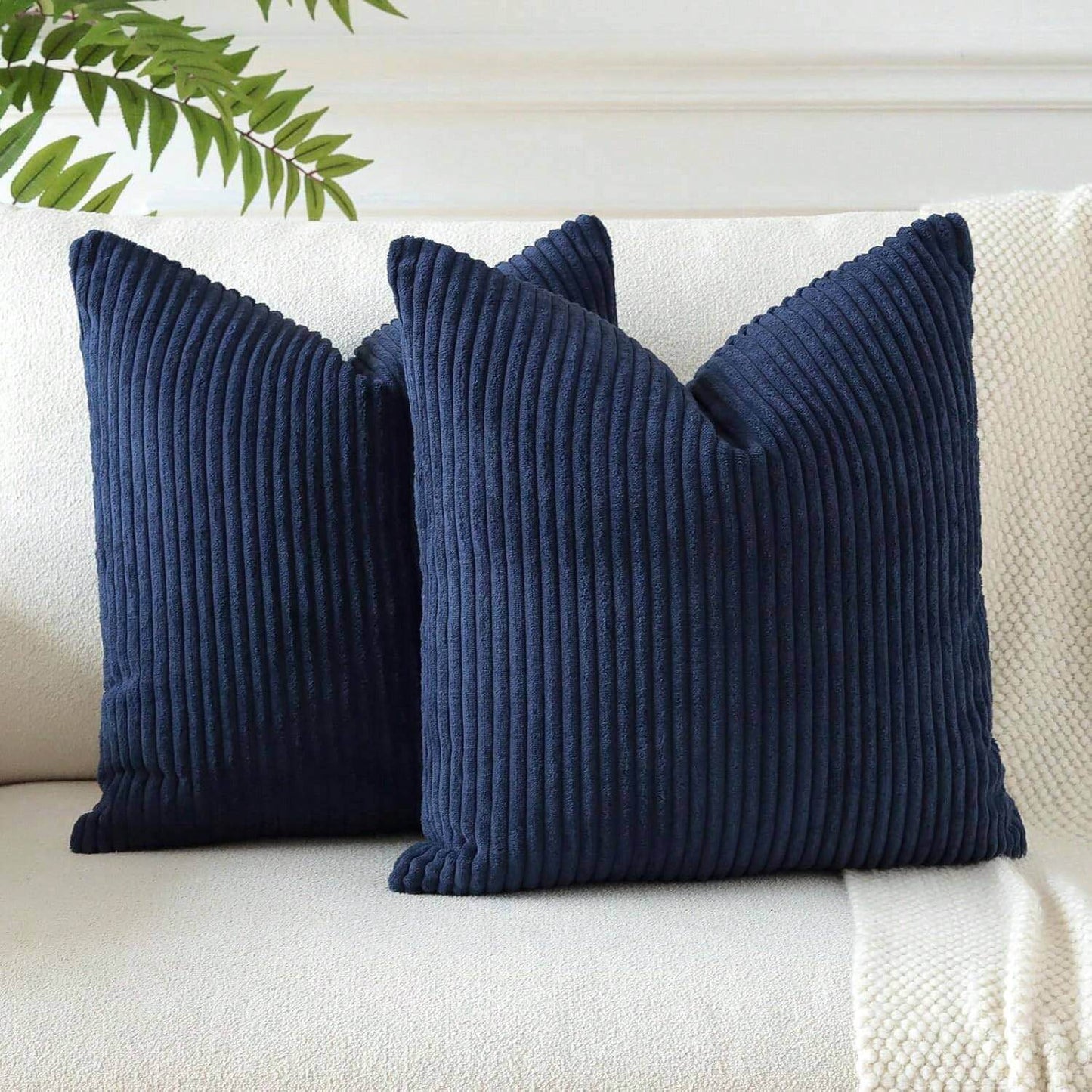 Set of 2 Midnight Blue Corduroy Striped Velvet Cushion Covers for Sofa & Living Room