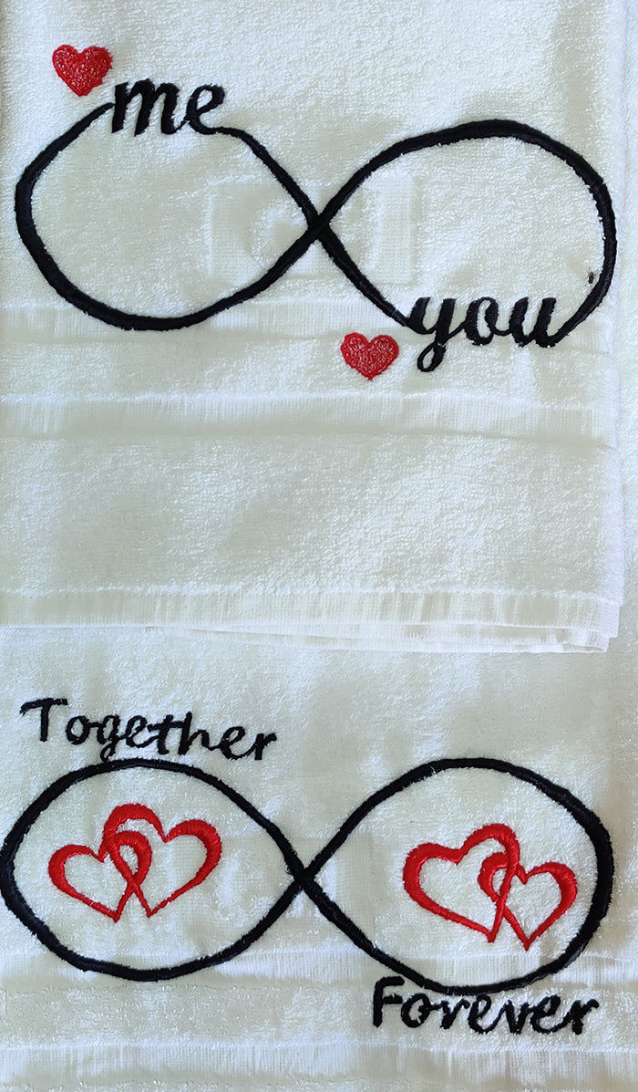 White Cotton Embroidered Couple Valentines - Wedding Towel Set - Pair