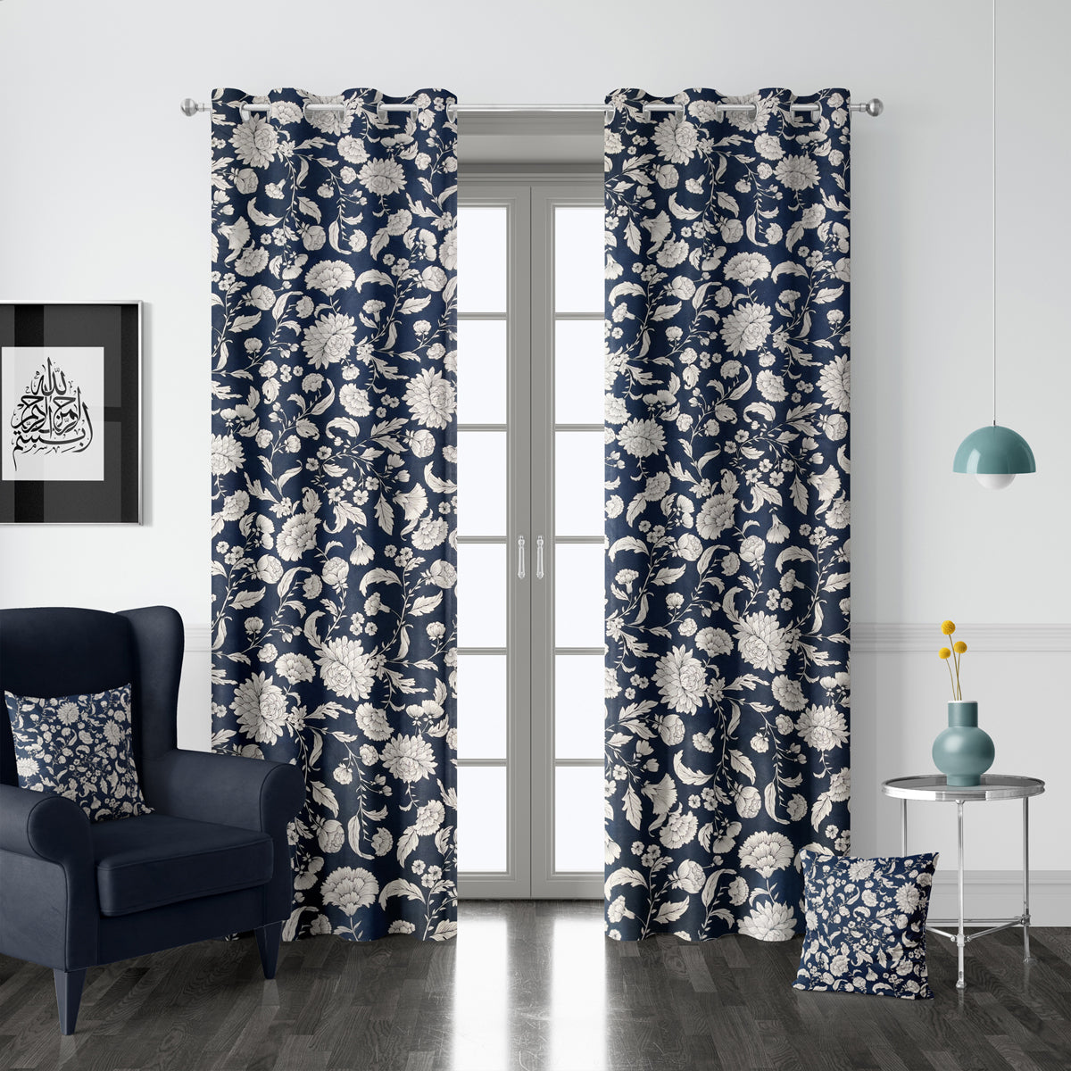 Blue Floral Printed Nature Duck Cotton Curtains - Pair