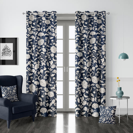 Blue Floral Printed Nature Duck Cotton Curtains - Pair