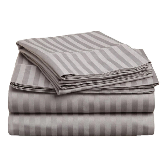 Cotton Satin Grey Stripe King Size Flat Bed Sheet Set