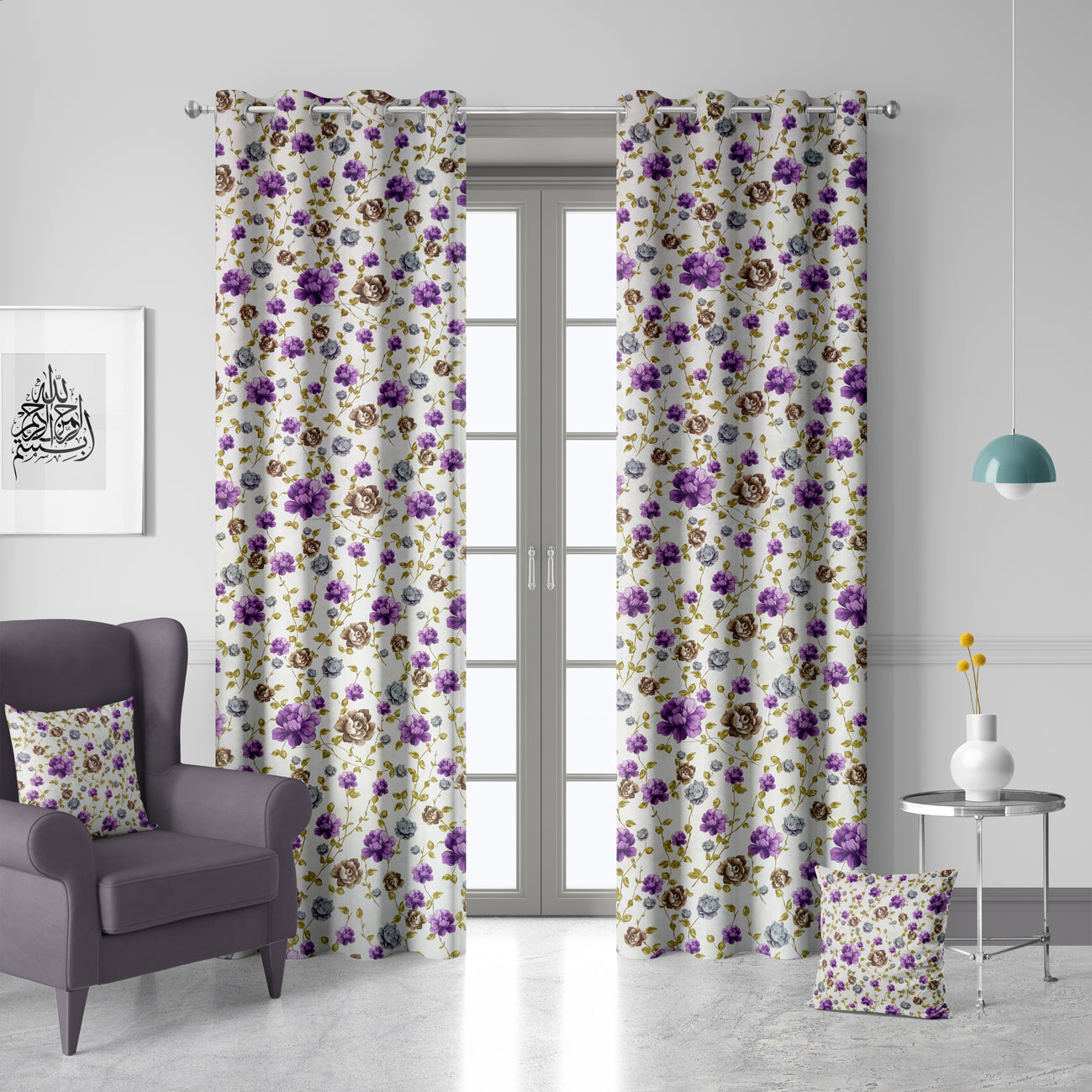 Floral Printed High Quality Suede Leather Curtains - Pair