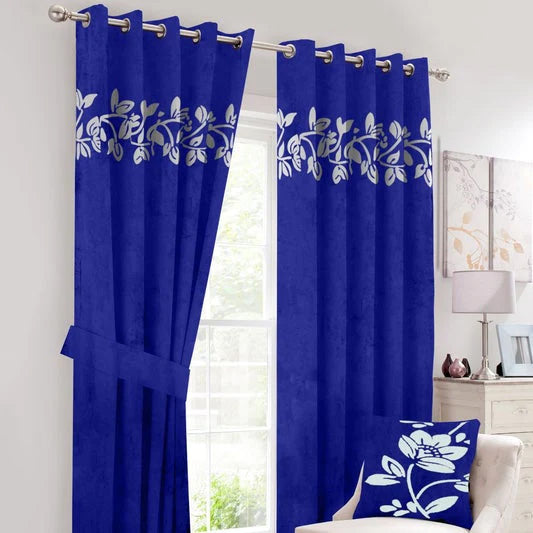 Royal Blue & Off White Luxury Laser Curtains with Belts - Pair