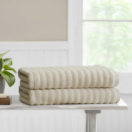 Pair Of Beige Velour Ribbed Cotton Bath Towels
