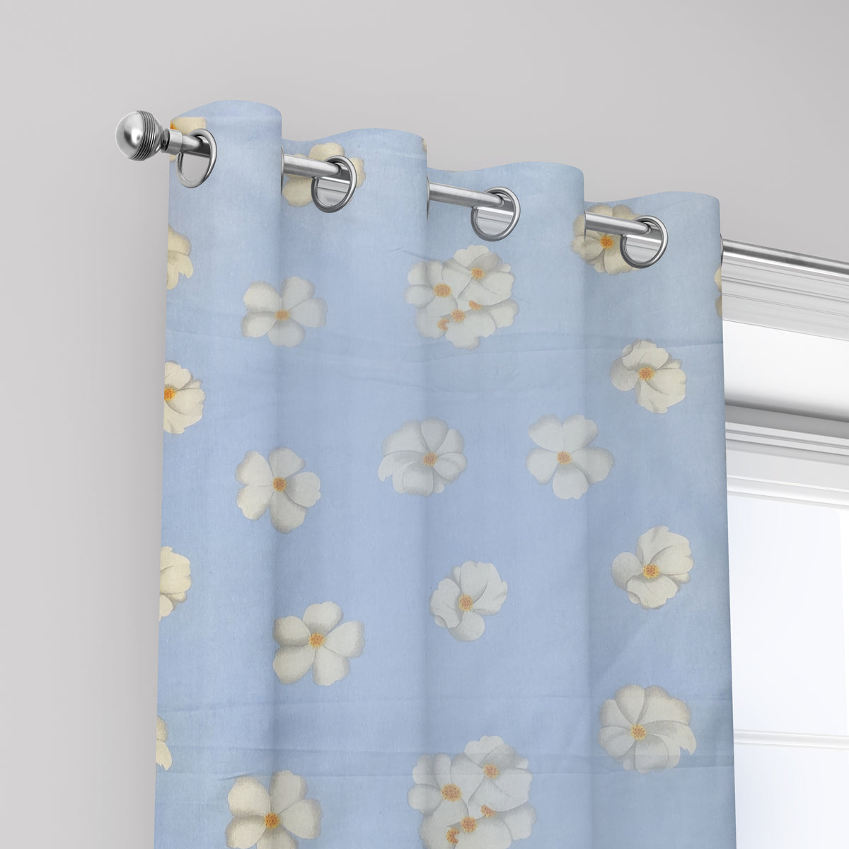 Light Blue Floral Printed Duck Cotton Curtain