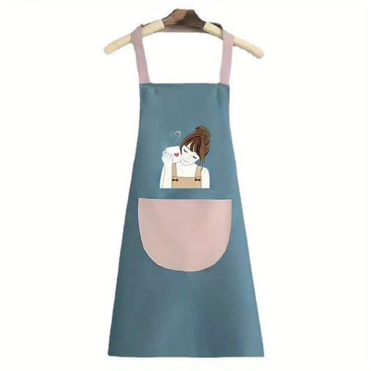Blue Charming Cartoon-Printed Waterproof Apron