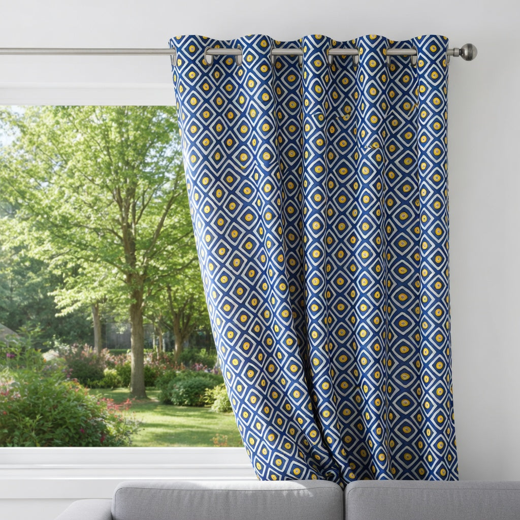 Blue Printed Duck Cotton Curtain Panel