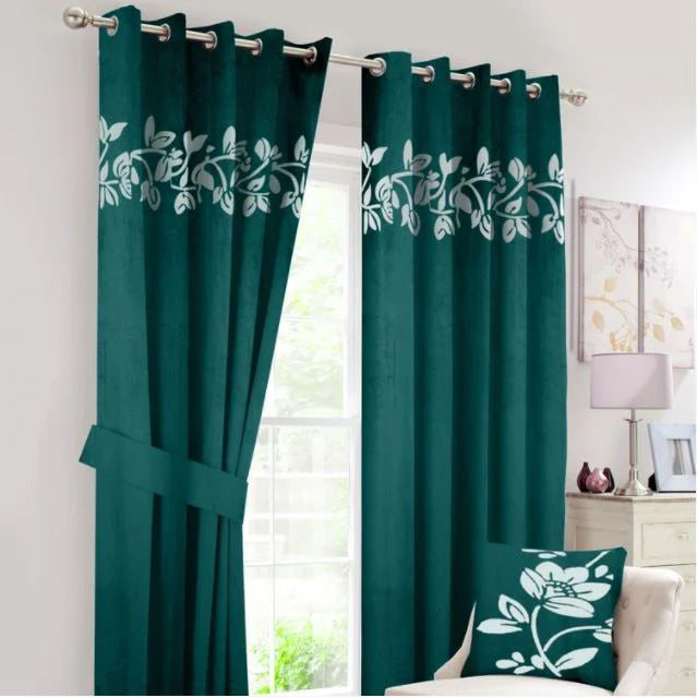 Teal Green & White Applique Work Floral Velvet Curtains with Belts - Pair