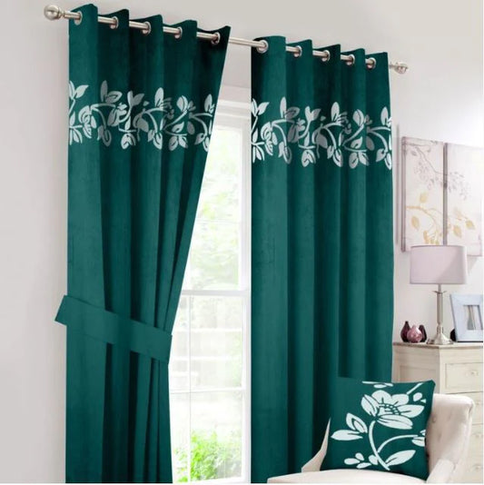 Teal Green & White Applique Work Floral Velvet Curtains with Belts - Pair