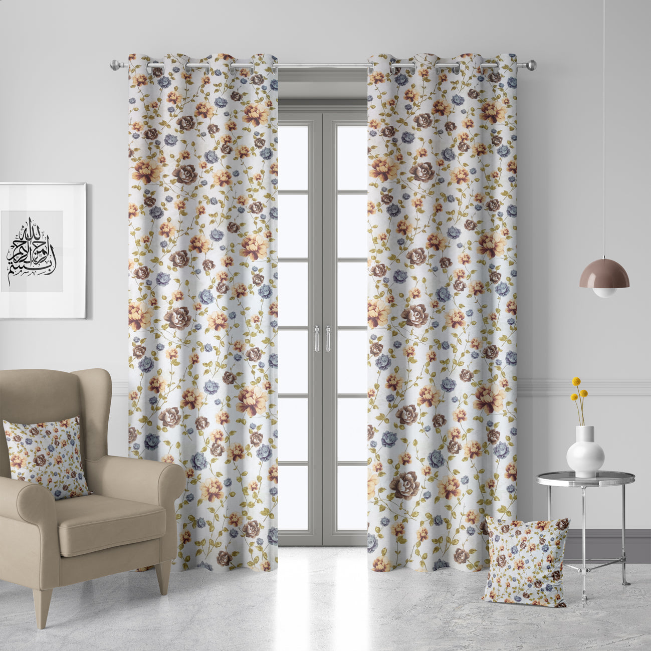 Floral Printed High Quality Suede Leather Curtains – Pair
