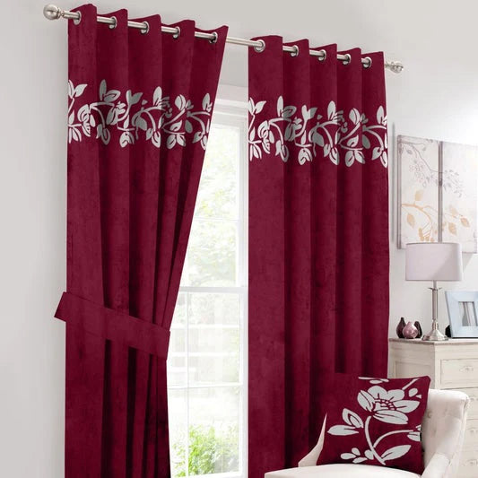Maroon & White Applique Work Floral Velvet Curtains with Belts - Pair
