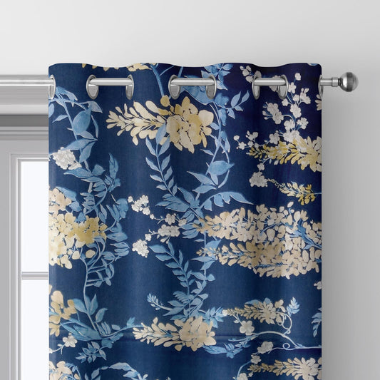 Navy Blue Floral Window Curtain Panel
