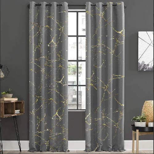 Grey Gold Pattern Velvet Curtains - Pair