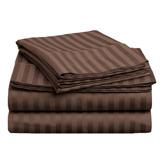 Cotton Satin Brown Stripe King Size Flat Bed Sheet Set