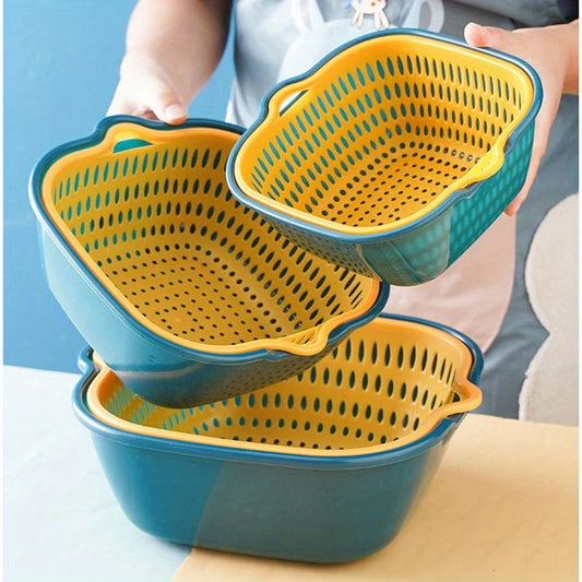 6-Piece Plastic Colander Set, Double-Layer Drain Basket, Reusable Kitchen Strainers for Rinsing Fruits and Vegetables