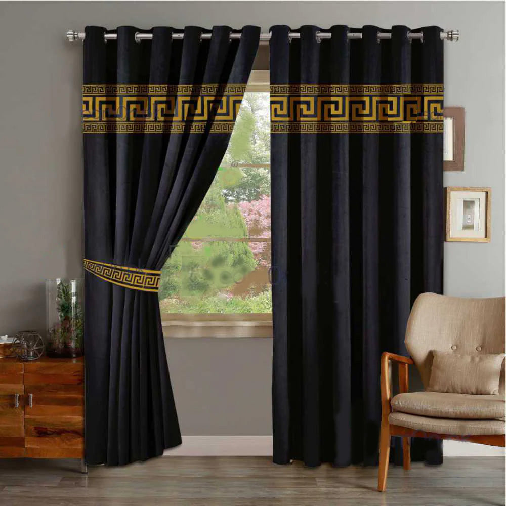 Black & Gold Laser Cut Curtains with Belts - Pair
