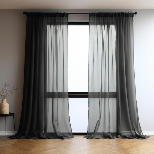 Black Extra Wide Rod Pocket Chiffon Sheer Curtains - Pair