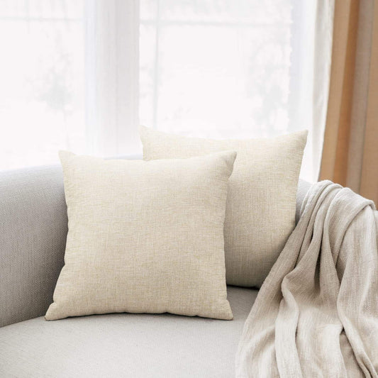 Set of 2 Plain Light Beige Jute Square Pillow Covers