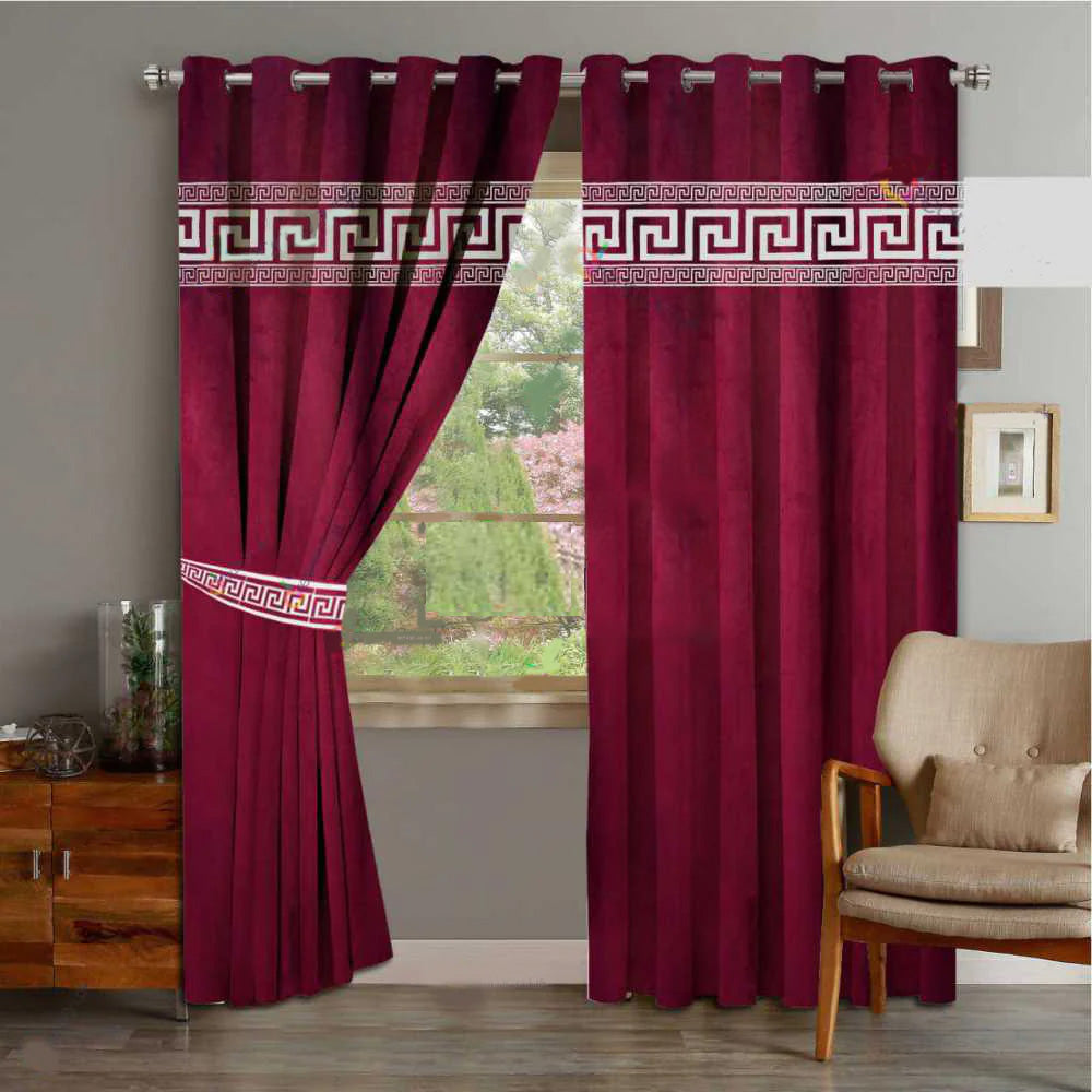 Maroon & White Laser Cut Curtains with Belts - Pair