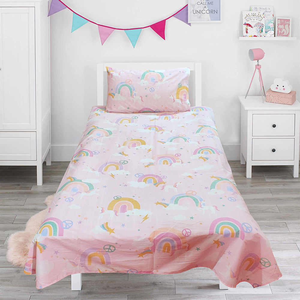 Peachy Pink Unicorn Single Cotton Bed Sheet