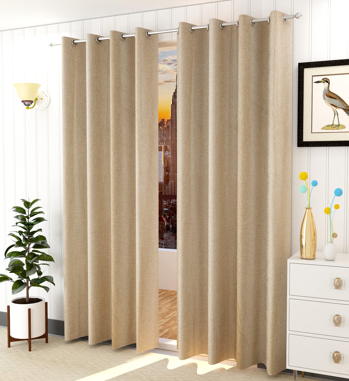 Light Beige Jute Curtain Window Curtain Set of 2 Panels