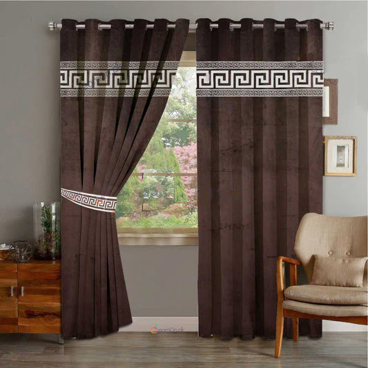Dark Brown & White Luxury Laser Curtains with Belts - Pair