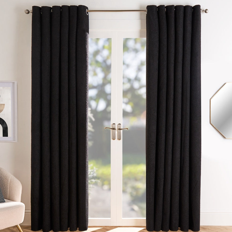 Black Boucle Plain Eyelet Curtains - Pair