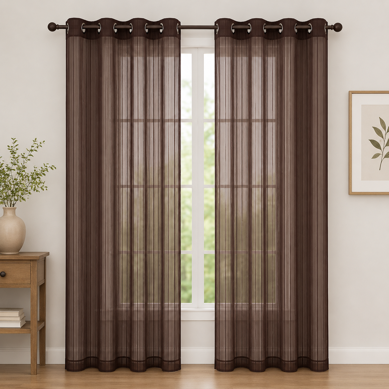 Dark Brown Striped Chiffon Curtains - Pair