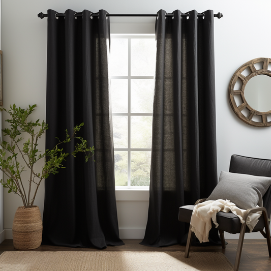 Jet Black Eyelet Style Jute Curtains Pair