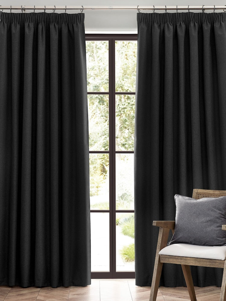 Black Jute Pencil Pleat Curtains - Pair