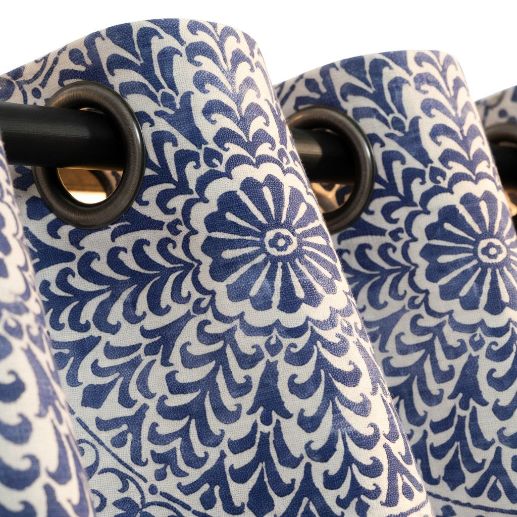 Blue Medallion Floral Cotton Curtain