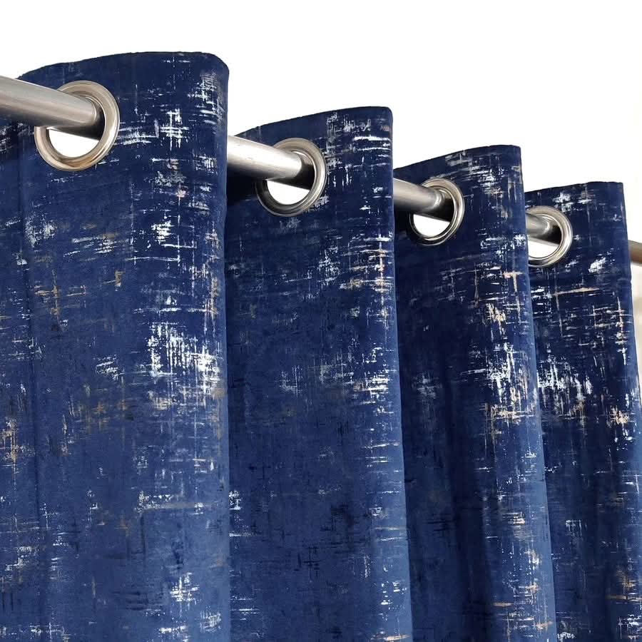 Navy Blue & White Textured Velvet Curtain